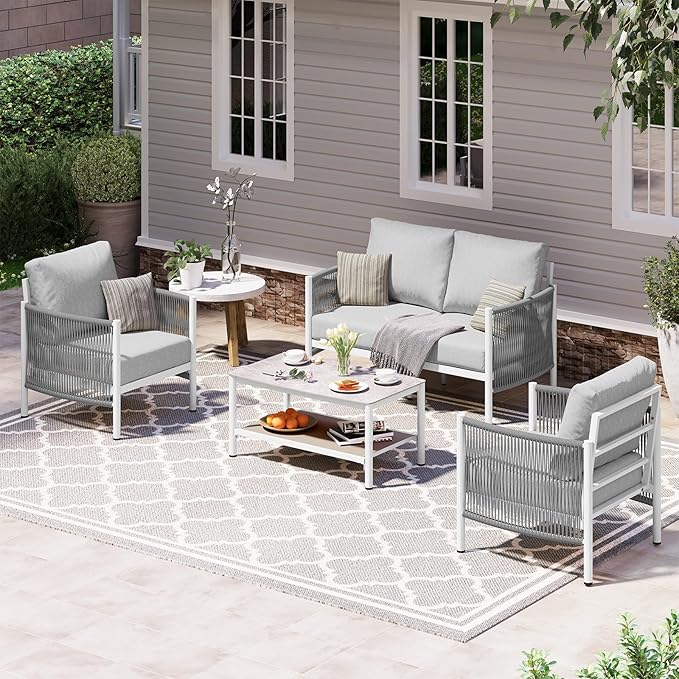 Aluminum Outdoor Patio Furniture Set with Dual-Layer Coffee Table, 4 Piece Modern Patio Conversation Sets with PE Rope, Outdoor Sectional Sofa with Thick Cushions for Balcony, Deck, White