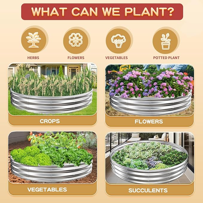 Durable Round Galvanized Steel Raised Garden Bed for Planting,Round Galvanized Steel Fire Ring/Fir Pit for Outdoor- 6×6×1FT,0.8MM Thick (Silver, 72 ins Diameter x 12 ins high)