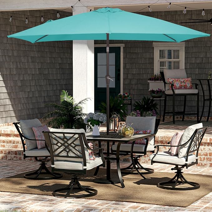 JEAREY 6.5x10 ft Rectangular Patio Umbrellas Rectangle Outdoor Umbrella with Push Button Tilt and Crank, Market Table Umbrella 6 Sturdy Ribs UV Protection for Poolside Garden Backyard Deck, Peacock Blue