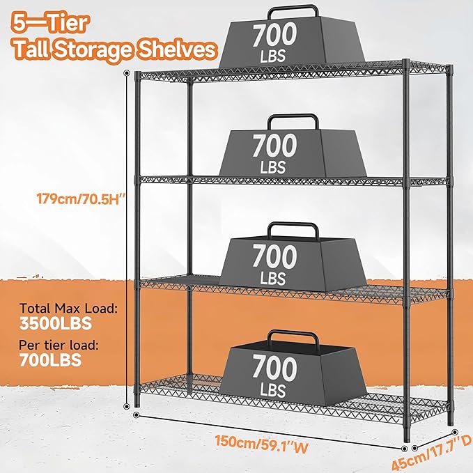 2800LBS 59" W 4 Tiers Storage Shelves Load, Metal Shelving Wire Metal Shelving Unit Shelves for Storage Adjustable Garage Shelving for Pantry Kitchen Garage Black 17.7" D x 59.1" W x 70.4" H