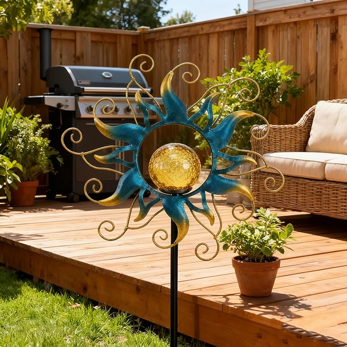 Solar Lights Outdoor Garden Decor, Blue Metal Sun Crackle Glass Globe Stake Waterproof 30LED Decorations Unique Gifts for Women,Mom,Outside, Patio,Lawn,Yard,Pathway