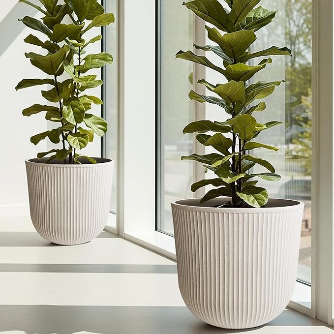 WORTH Garden Round Large Planter Pot Set of 2-17.5" Dia x 15.5" H - Durable Plastic Beige Plant Tree Pots with Vertical Stripe Textured Finish, Drainage Hole for Indoor, Outdoor, Front Porch, Patio