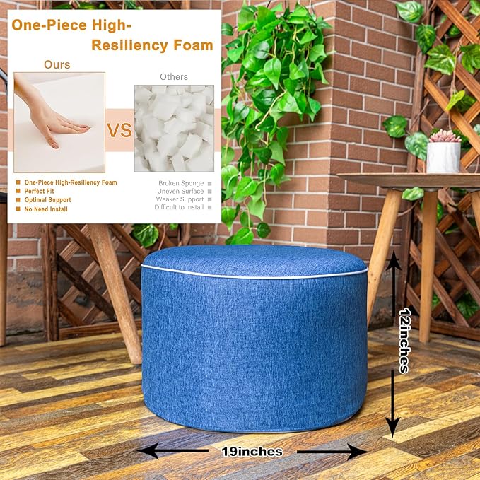 Outdoor Ottoman Outdoor Ottomans for Patio 19x12 Inches Modern Lightweight Foam Stuffed Pouf Outdoor Footstool Footrest Foot Stool Waterproof (Blue)