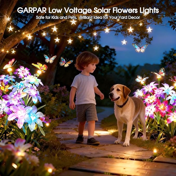 Garpar Solar Flowers Lights Outdoor Waterproof, Upgraded 8 Pack Solar Garden Lights with 32 Lily & 24 Butterflies, Bright Color Changing Outdoor Decor for Outside Yard Patio, Gift (8)