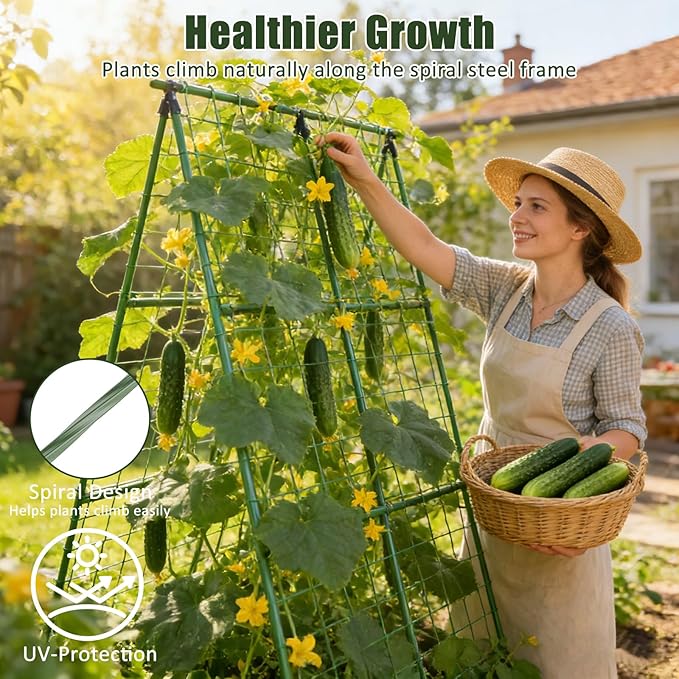 Miory Cucumber Trellis for Raised Beds, 2 Pack 32x48" A-Frame Garden Trellis, Climbing Plant Support with Netting for Cucumber Tomato Bean Pea