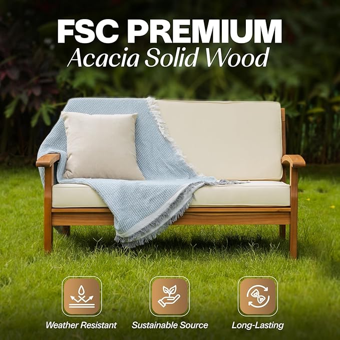 IDZO Laurent 800lbs Capacity Acacia Outdoor Loveseat, FSC Certified 2 Seater Patio Sofa with 3.9in Thick Cushions, Teak Finish Porch Couch for Garden Backyard