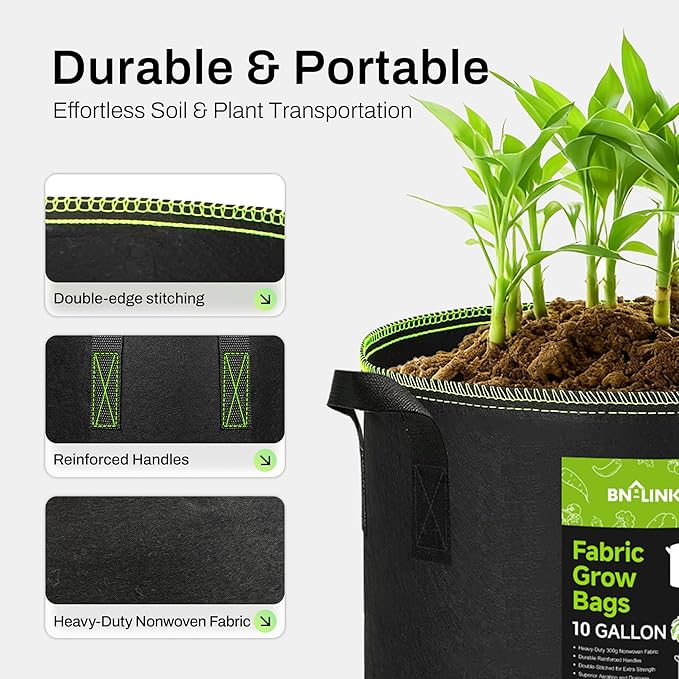 BN-LINK 5-Pack 5 Gallon Grow Bags, Heavy Duty Aeration Fabric Pots with Handles, Thickened Nonwoven Plant Bags for Vegetables, Flowers, Fruits