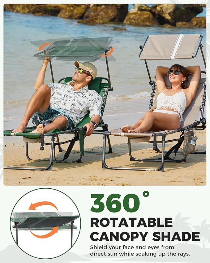 KingCamp 2 Pack Lounge Chair Outdoor with Canopy & Face Hole, Adjustable 5-Position Folding Chaise Tanning Recliner Portable Comfy Chaiser for Camping Outside Patio Pool Beach, Green/White