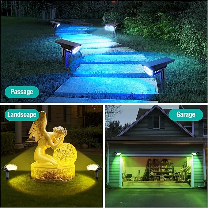68 LEDs RGB Solar Spot Lights, 1000 Lumens 9 Lighting Modes Color Changing Solar Outdoor Lights, IP67 Waterproof 2-in-1 Landscape Garden Light for Yard Patio, 4 Pack
