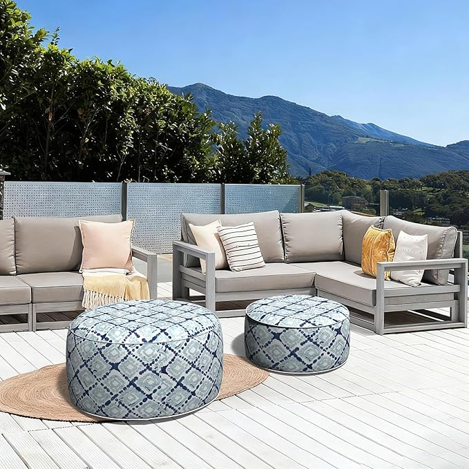 LVTXIII Outdoor Inflatable Ottoman, Fade-Resistant Round Footrest Stool D31”x H14”, Portable Patio Pouf for Garden Camping or Home Use, Boho Geometry Blue