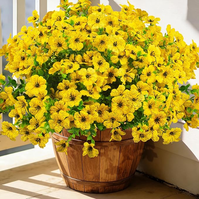 20 Bundles Artificial Flowers for Outdoors, UV Resistant Fake Plants Flowers Greenery Shrubs Plants for Decoration Outside Plants Hanging Planter Home Garden Decor (Yellow)