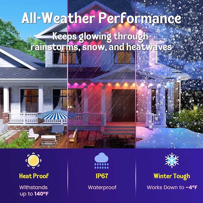 Fitop Permanent Outdoor Lights, 200FT RGB Smart LED Eaves Light, IP67 Waterproof Outdoor Strip Lights, 16 Million Colors, Extendable, App/Remote Control, Music Sync