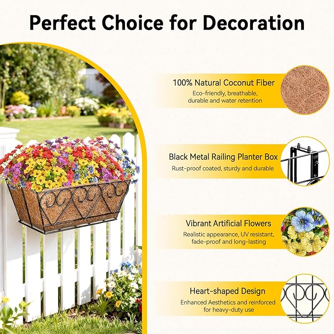ZeeDix 16 Inch Artificial Flowers Hanging Railing Window Planter Box, 12 Pcs UV Resistant Fake Look Real Flowers with Heart-Shaped Deck Railing Planter Boxes for Porch Patio Balcony Garden Home Decor