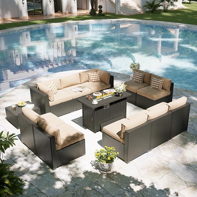 Aoxun Patio Furniture Set with Fire Pit Table, 12 Piece Outdoor Sectional Sofas, 10 Seats Wicker Rattan Outdoor Furniture with Thickened Cushion for Backyard, Garden Begin