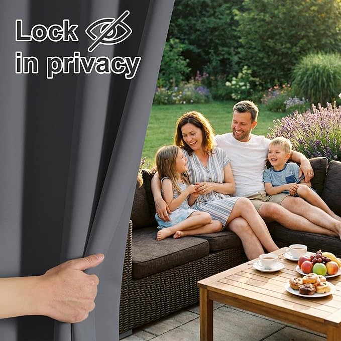 RYB HOME Outdoor Curtains for Patio Waterproof Block Sunlight Thermal Insulated Privacy Assured Thick Outside Curtains for Pergola, Deck, Gazebo, W52" x L120", Grey, 1 Panel