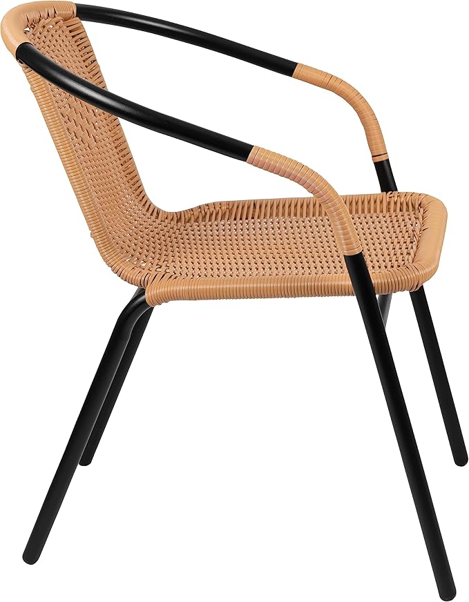 EMMA + OLIVER Set of 2 Modern Rattan Indoor/Outdoor Stack Chairs, Stacking Rattan Patio Chairs with Curved Back and Cross Bracing, Beige