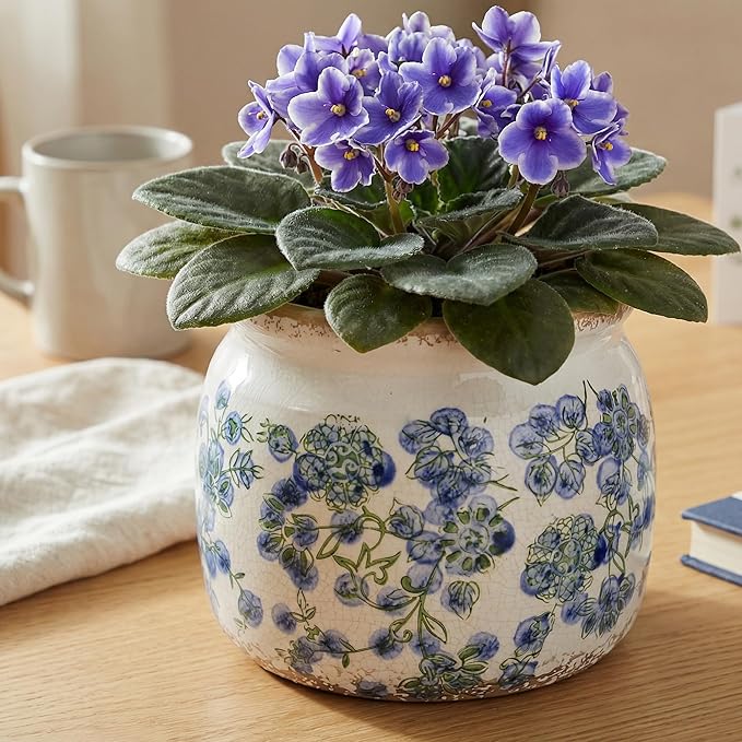 Ceramic Planters Spring Decor, 6.29in Country Cottage Plant Pots with Drainage Hole for Indoor Plants & Succulent, Vintage Crackle Glaze Finish Flower Vase, Home Decor Gifts, Deep Blue Floral