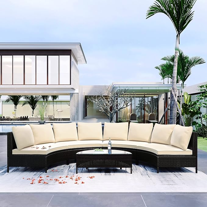 Merax 5-Piece Outdoor Sectional Sofa Set, All-Weather PE Wicker Patio Furniture with Tempered Glass Table, Half-Moon Conversation Set for Garden, Deck, Backyard Living Area,Beige