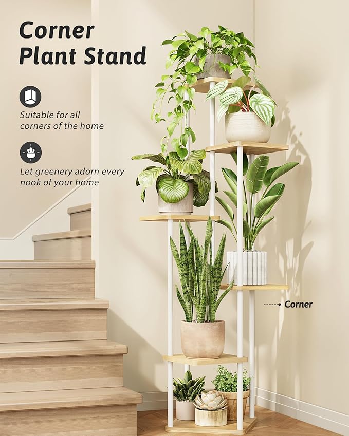 Tall Plant Stand Indoor 6 Tiered Plant Shelf for Multiple Plants Coner Shelf Stand Wood Plant Stand Metal Shelving for Living Room Bedroom Balcony Patio White