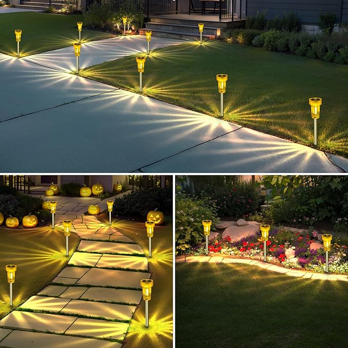 DERAYSION Solar Lights Outdoor LED Orange Waterproof Pathway Lights Yard Auto Dusk-to-Dawn Path Landscape Lights for Garden Outdoor Decorative 8 Pack