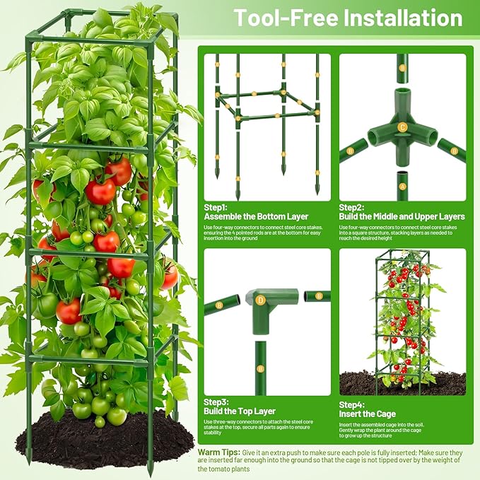Legigo 2 Pack Square Tomato Cages for Garden- Up to 60 Inch Tomato Plant Support Stakes Cage, Heavy Duty Steel Tomato Trellis Garden Stakes for Raised Garden Bed Climbing Vegetables Cucumbers Flowers