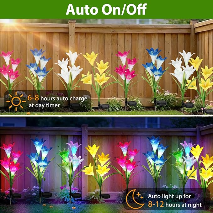 echosari 4 Pack Color Changing Solar Lights Outdoor Waterproof, Solar Lily Flower Stake Lights Auto ON/Off Solar Garden Lights for Lawn Pathway Landscape Garden Gifts for Mom Women Grandma
