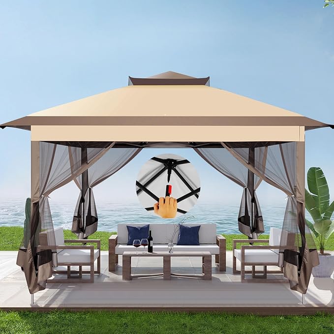 COBIZI 11x11 FT Pop up Gazebo Canopy Tent - Outdoor pop up gazebos on Clearance,carpas para Patio,Shelter - Screen Tents with Portable Carry Bag,Patio Gazebos for Camping,Garden,Deck,Backyard,Brown