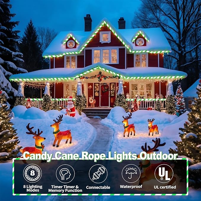 Jnaurb Christmas Candy Cane Lights, 33ft 240 LED Connectable Flexible White & Green Candy Cane Rope Lights for Outside, 8 Modes Waterproof LED Christmas Light for Garden Patio Tree Holiday Party Decor