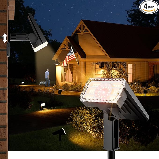 Large Panel Solar Spot Lights Outdoor 4 Pack, [58 LED/3500K/3 Modes] Solar Flood Lights Waterproof IP67, Auto On/Off, 2-in-1 Wall Light Outdoor Light for Tree Yard Garden Pathway