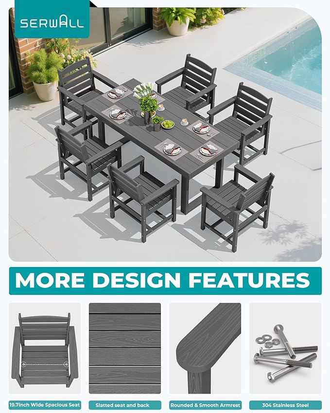SERWALL HDPE Outdoor Dining Set for 6, 67'' All Weather Patio Dining Table and Chairs Set for Deck, Lawn, Gray