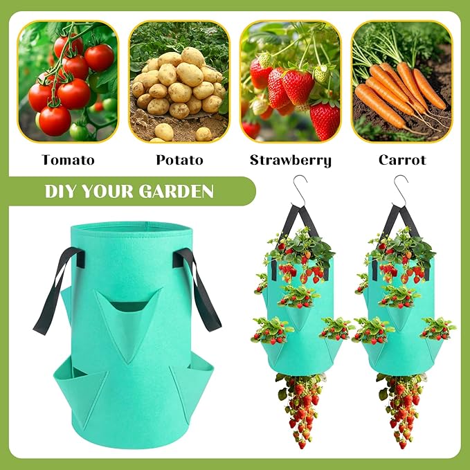 5 Pack Upside Down Strawberry Hanging Planter, 3 Gallon Tomato Hanging Grow Bags with 5 Hooks, Hanging Tomato Strawberry Grow Planters Vegetable Planting Bags with 6 Planting Holes for House Garden