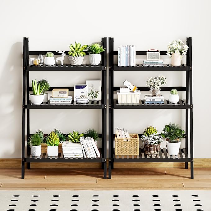 39.4" Foldable Plant Shelf Ladder Shelf, 3 Tier Bamboo Ladder Flower Pot Display Shelf, Freestanding Ladder Bookshelf for Garden, Balcony, Yard, Living Room, 23.6" W x 15" D x 39.4" H, Black