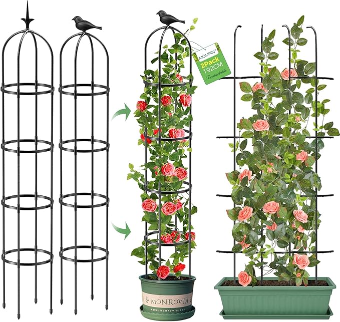 Tower Obelisk Garden Trellis for Climbing Plant，6.3FT/75.6" Rustproof Metal Potted Plant Climbing Support for Indoor Outdoor Flowers Vegetable Fruits Vines Support (2PCS)