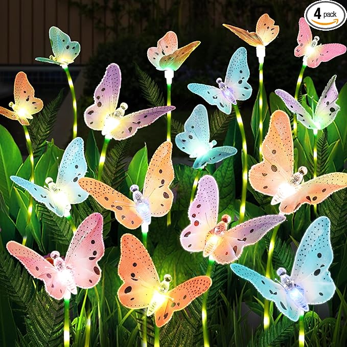 Solar Garden Lights 4 Pack Waterproof Decorative Solar Lights Outdoor with Glowing Stems,7-Color Changing ‎Fiber Optic Butterfly Light for Outside Yard Lawn Garden Decor, Gifts for Women
