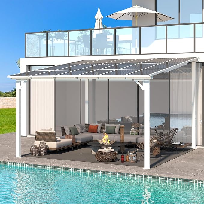 AECOJOY 12' x 12' White Gazebo Outdoor Pergola for Patio, Large Wall-Mounted Hard Top Lean to Metal Gazebo Shelter Pergolas and Gazebos Clearance with Patio Roof, Heavy Duty Awnings for Patio