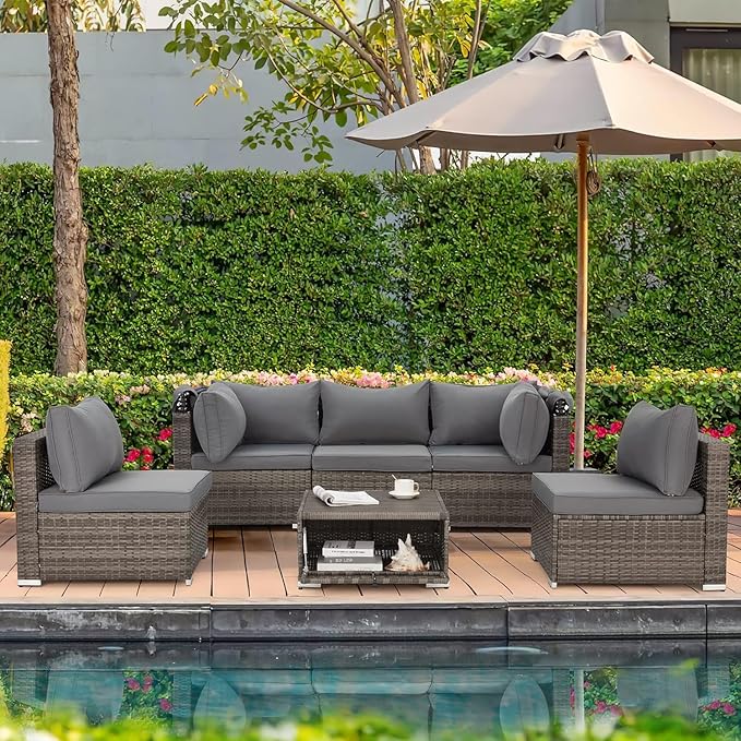 HOMREST 6 Pieces Patio Furniture Sets, Outdoor Daybed with Canopy, Rattan Outdoor Sectional Sofa Set with Adjustable Backrest, Chaise Chair Sunbed for Garden Poolside Backyard（Gray）