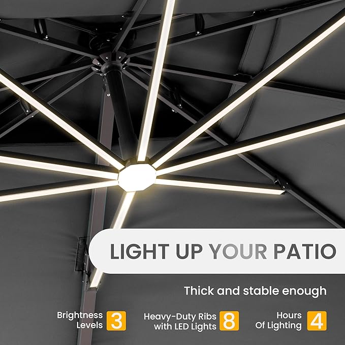 10 X 13 FT Cantilever Patio Umbrella with LED Lights Outdoor Heavy Duty Double Top Windproof Rectangle Offset Umbrellas with 360-degree Rotation for Pool Deck Backyard, Grey