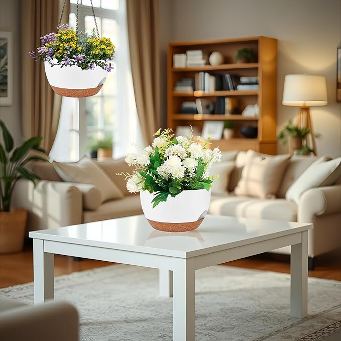2 Pack 12 Inch Self Watering Hanging Planters for Indoor Plants, Large White Brown Plastic Hanging Pots with Chains for Outdoor Patio Garden Home Decor White Brown