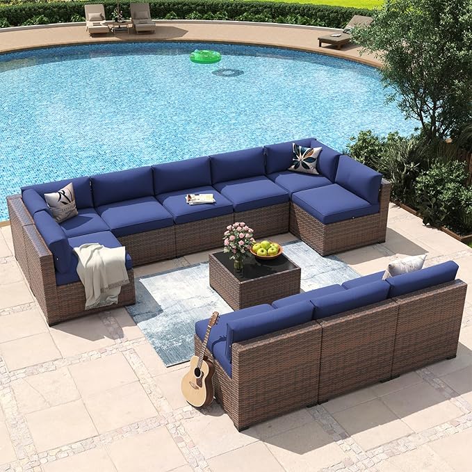 Aoxun 11 Piece Patio Furniture Set Wicker Rattan Patio Conversation Set Outdoor Sectional Sofa Set with Coffee Table and 4” Thickened Cushions, Blue(Waterproof Cover Included)
