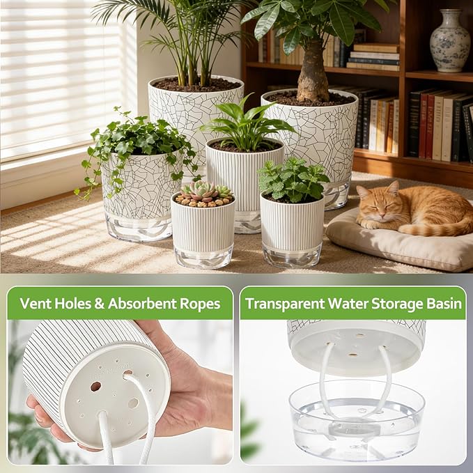 Self Watering Pots for Indoor Plants, 4/5.5/6.3 Inch Plant Pots Indoor Outdoor with Drainage Holes, Deep Reservoir, Plastic Self Watering Flower Pots