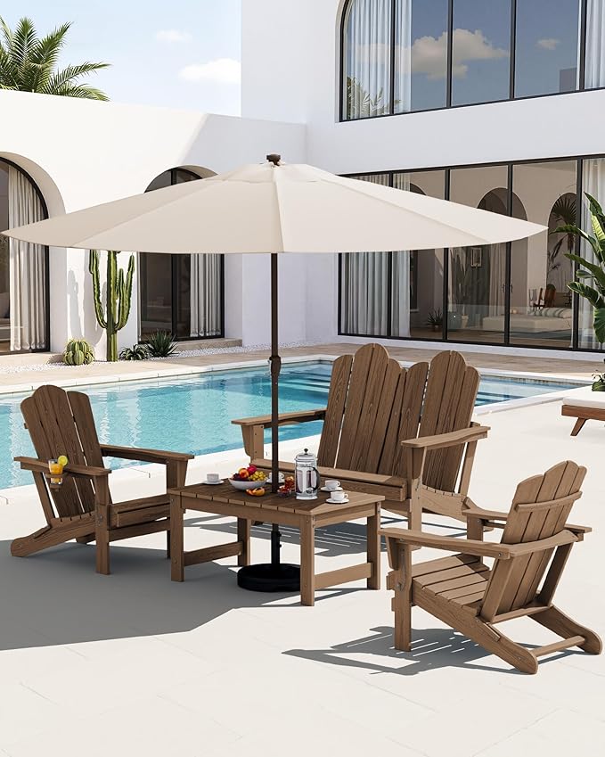 SERWALL Outdoor Coffee Table with 9FT Umbrella, HDPE Patio Coffee Table for Outside, Rectangle, Brown(Not Include Umbrella Base)