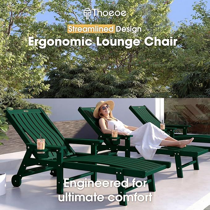 Patio Chaise Lounge Chair Set of 2, Oversized Lounge Chair Outdoor with 5 Positions, HDPE, Patio Lounge Chair with Wheels & Cup Holder for Pool, Deck, Poolside,Green