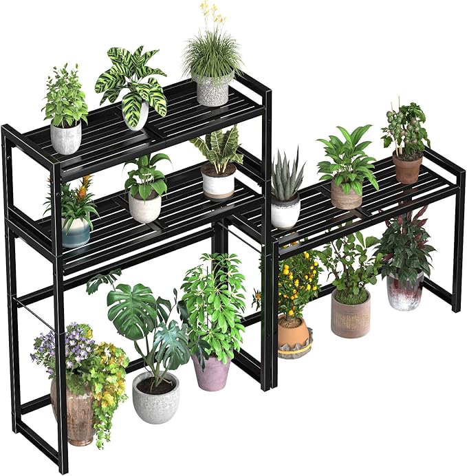 3-Tier Metal Plant Stand, Heavy Duty Waterproof Indoor Outdoor Stackable Shelf, Tall Flower Pot Holder & Display Rack for Garden, Black