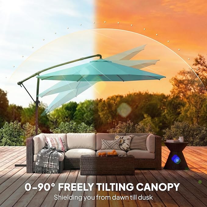 Outsunny 10 ft Offset Patio Umbrella with Cover, Round Hanging Cantilever Umbrella with 6-Position 360° Rotation, Crank Handle, Tilt, Cross Base, Heavy Duty Outdoor Umbrella for Garden