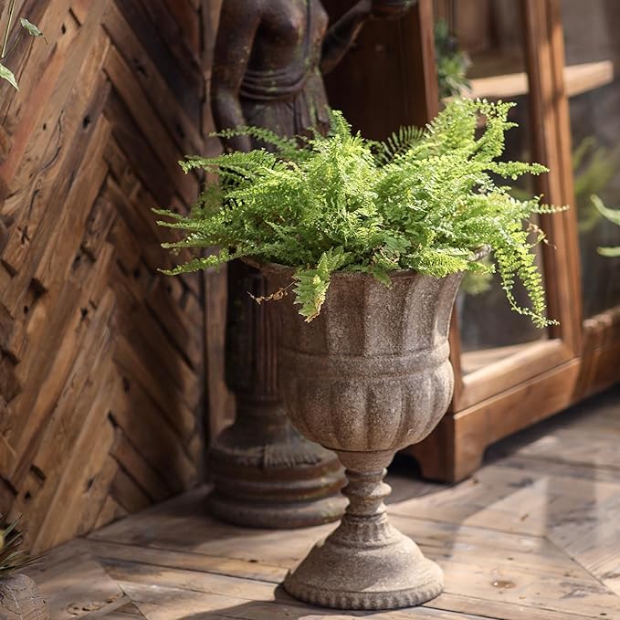 Vintage Urn Planter with Embossed Pattern, Imitation Stone Finish Flower Pot, Distressed Classic Plant Pot for Outdoor Indoor Home Garden Patio Front Porch Entryway（12 * 17 in）