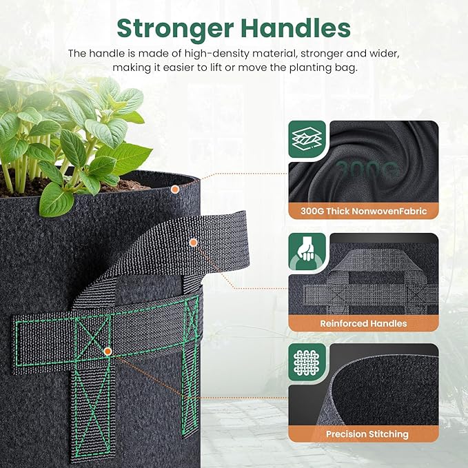5 Pack 3 Gallon Grow Bags, Thickened Nonwoven Fabric Planter Pots with Handles, Heavy Duty 300G Garden Pots for Tomato, Potato and Vegetable