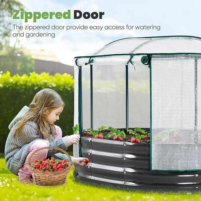 KING BIRD Raised Garden Bed with Cover Galvanized Oval Planter Garden Box Outdoor for Gardening, Vegetables, Flowers White 4x3x1 ft