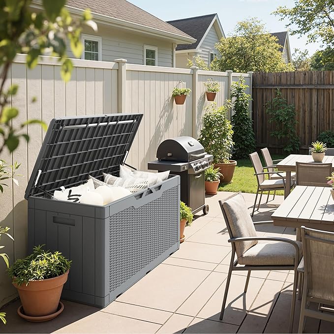 Greesum 100 Gallon Resin Deck Box Large Outdoor Storage Boxes with Cushions for Garden Tools, Patio Furniture Pillows, Pool Supplies, Gray