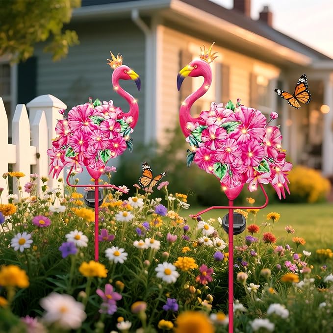 Hexagram Flamingo Yard Decor, Flamingo Solar Lights Outdoor with 2 Pack, Pink Metal Garden Solar Stake Lights, Outside Stakes Decorations for Patio Pathway Lawn