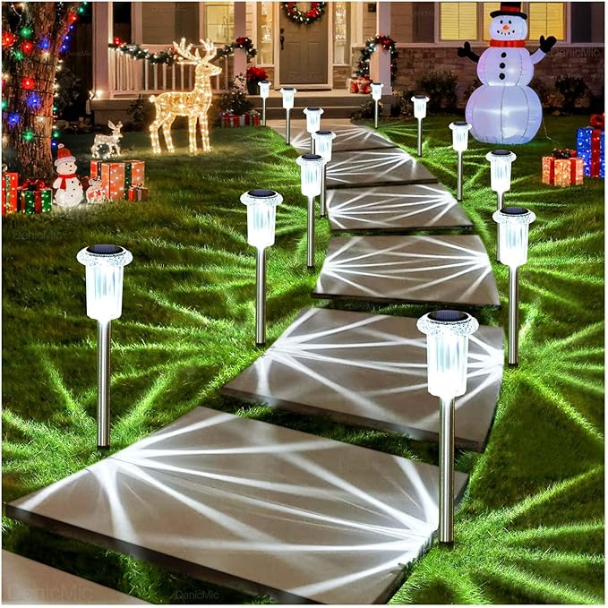 DenicMic Solar Lights Outdoor 15 Pack Waterproof 6000K Cold White LED Stainless Steel Stake Outside Lights for Yard Pathway Garden Driveway Walkway Landscape Path Lighting